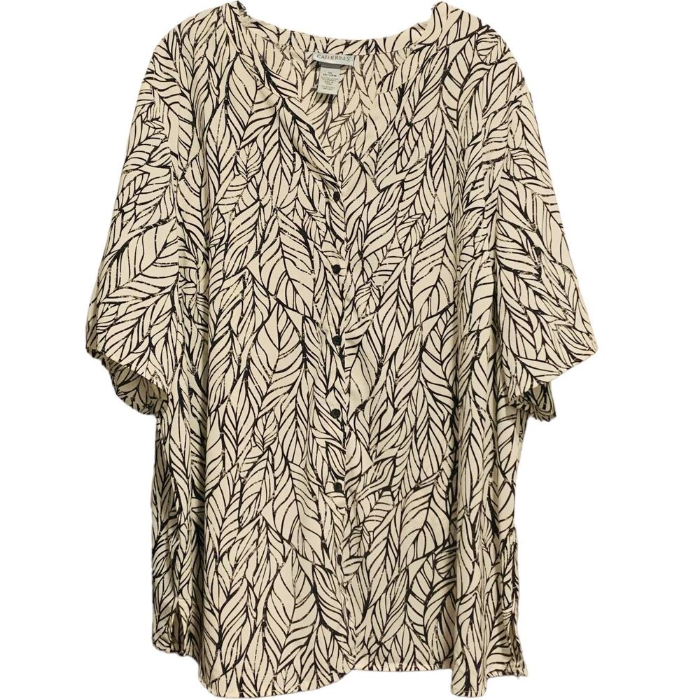 CATHERINES Women's Size 26/28W Top Leaf Print Button Front Short Sleeve Roll Tab